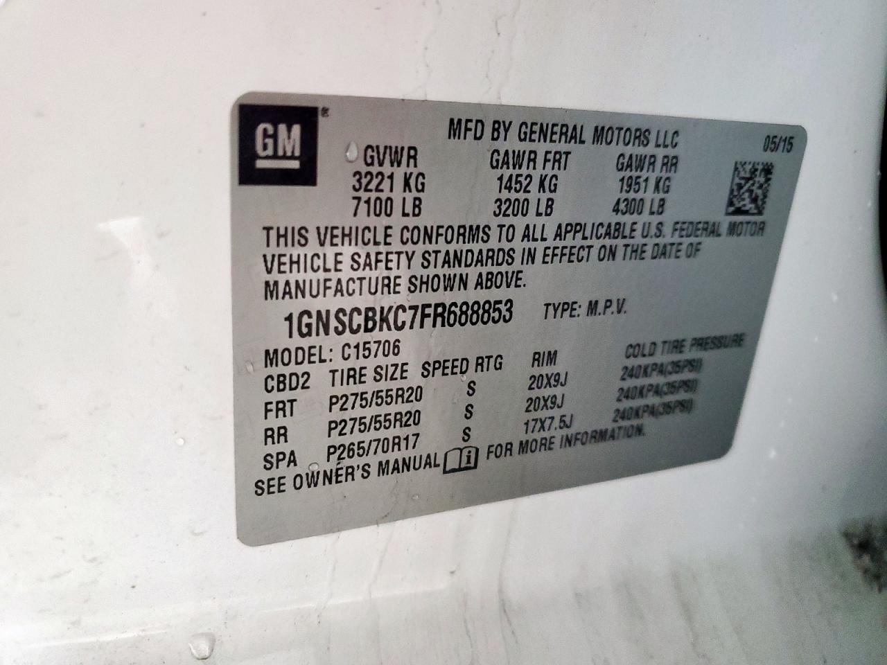 2015 Chevrolet Tahoe C1500 Lt VIN: 1GNSCBKC7FR688853 Lot: 69991575
