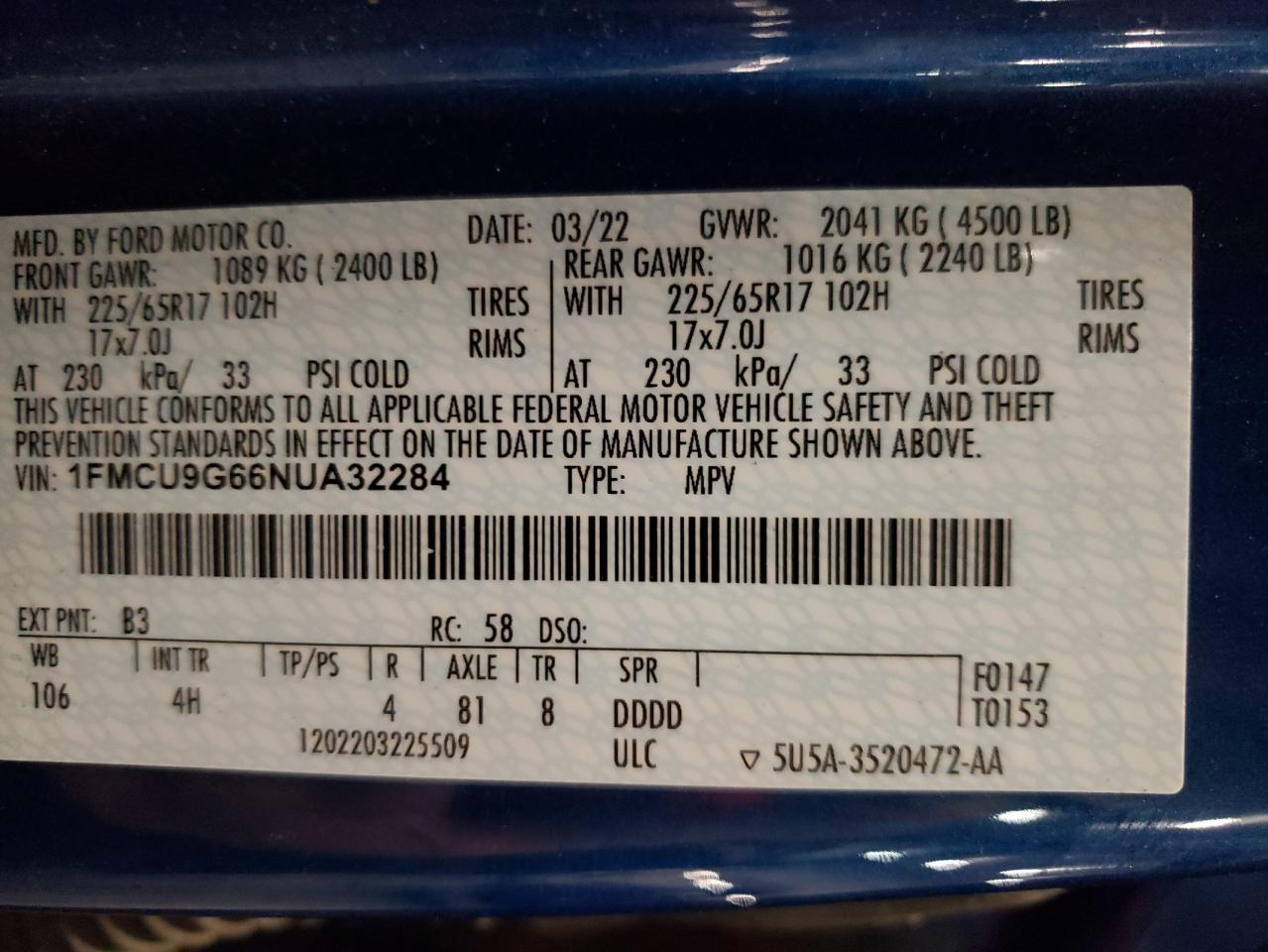 2022 Ford Escape Se VIN: 1FMCU9G66NUA32284 Lot: 69967115