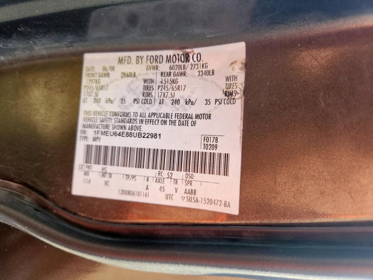 1FMEU64E88UB22981 2008 Ford Explorer Eddie Bauer