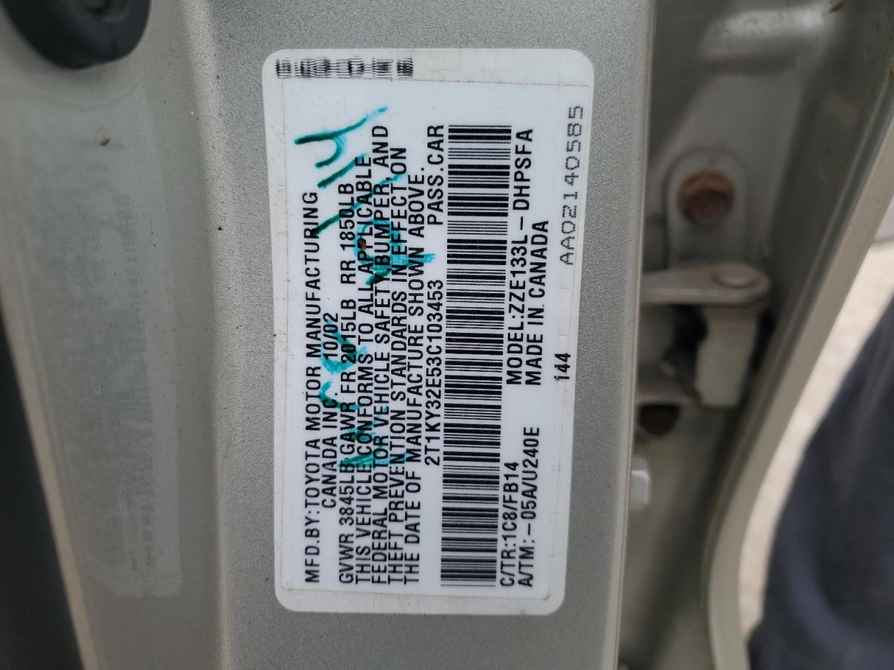 2003 Toyota Corolla Matrix Xrs VIN: 2T1KY32E53C103453 Lot: 70721075