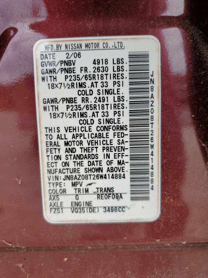 2013 Nissan Murano Sl VIN: JN8AZ08T26W414884 Lot: 70324725