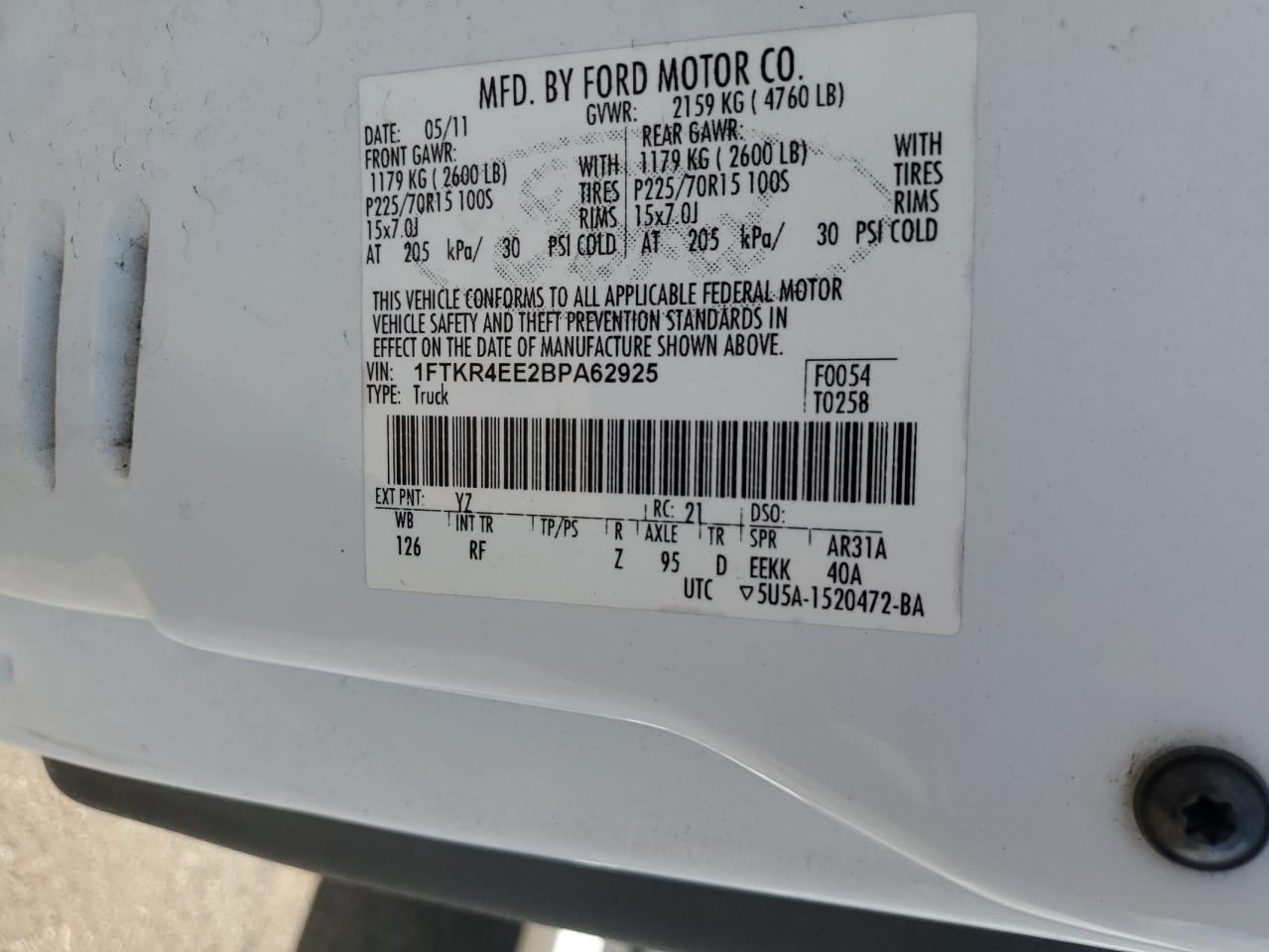 2011 Ford Ranger Super Cab VIN: 1FTKR4EE2BPA62925 Lot: 69802355