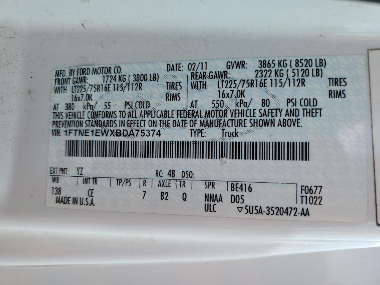 1FTNE1EWXBDA75374 2011 Ford Econoline E150 Van