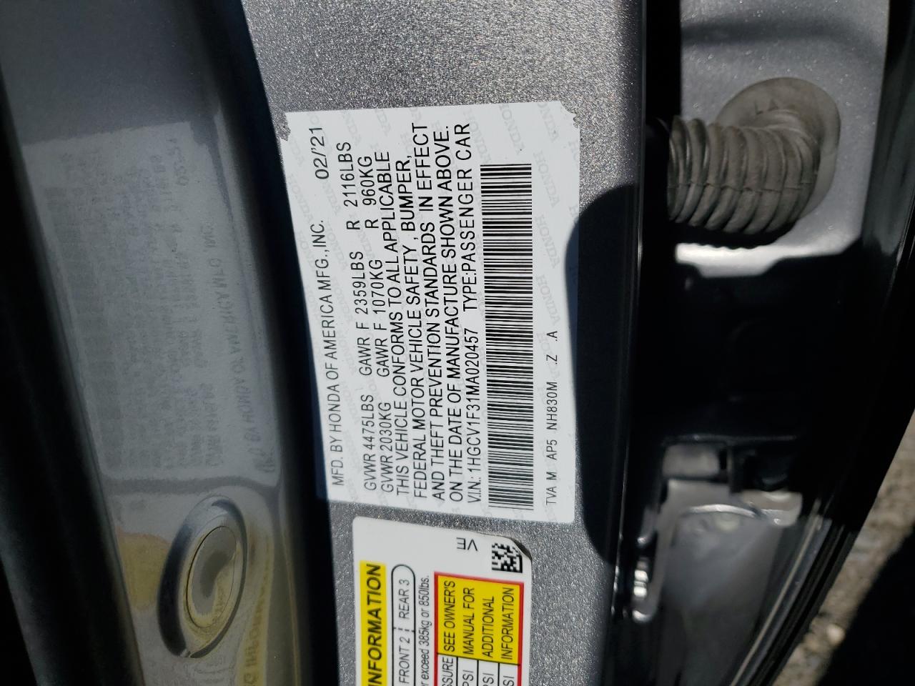 2021 Honda Accord Sport VIN: 1HGCV1F31MA040014 Lot: 66483515