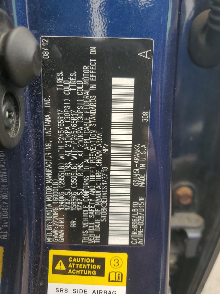 2012 Toyota Highlander Base VIN: 5TDBK3EH4CS173718 Lot: 67190555