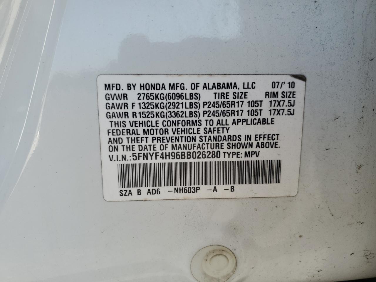 2011 Honda Pilot Touring VIN: 5FNYF4H96BB026280 Lot: 68184465