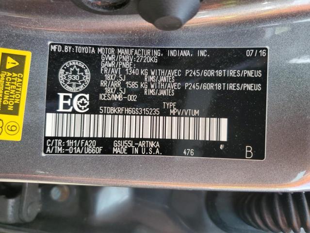 2016 TOYOTA HIGHLANDER LE  