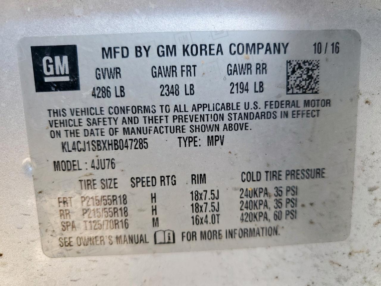 2017 Buick Encore Sport Touring VIN: KL4CJ1SBXHB047285 Lot: 69829365