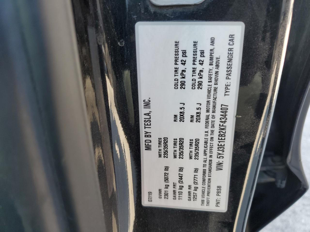 2019 Tesla Model 3 VIN: 5YJ3E1EB2KF434407 Lot: 70212485