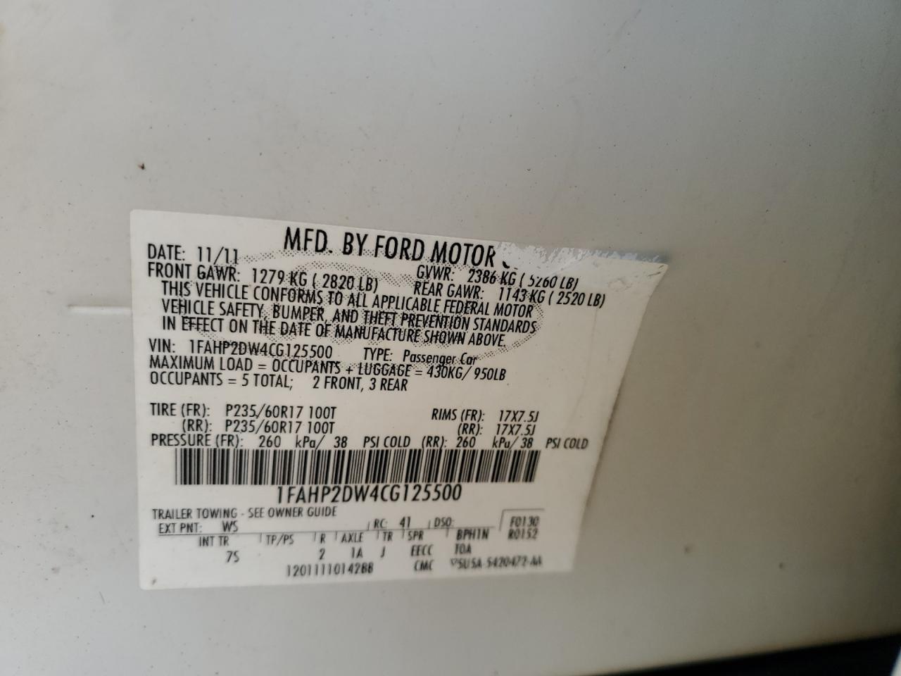 2012 Ford Taurus Se VIN: 1FAHP2DW4CG125500 Lot: 67764525