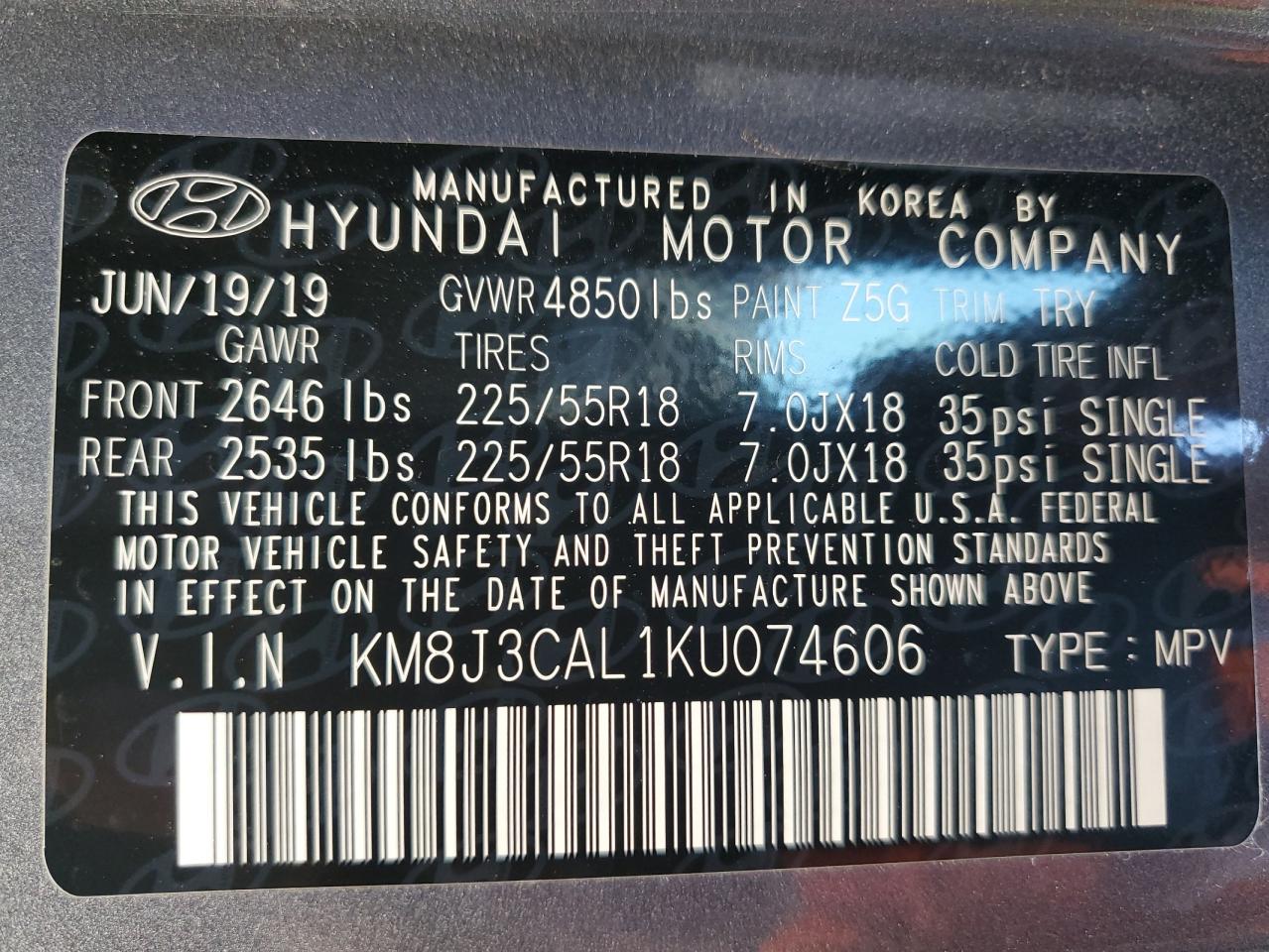 2019 Hyundai Tucson Limited VIN: KM8J3CAL1KU074606 Lot: 67559665