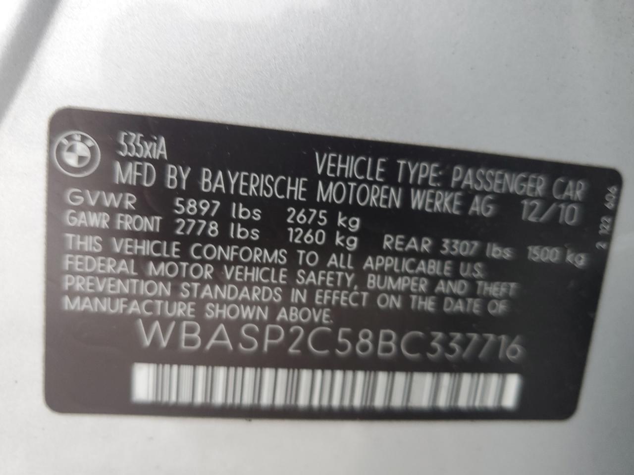 2011 BMW 535 Xigt VIN: WBASP2C58BC337716 Lot: 67675905