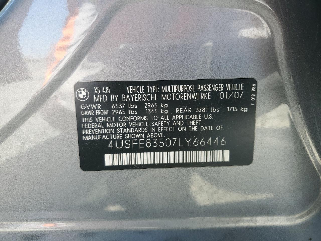 2007 BMW X5 4.8I VIN: 4USFE83507LY66446 Lot: 70893805