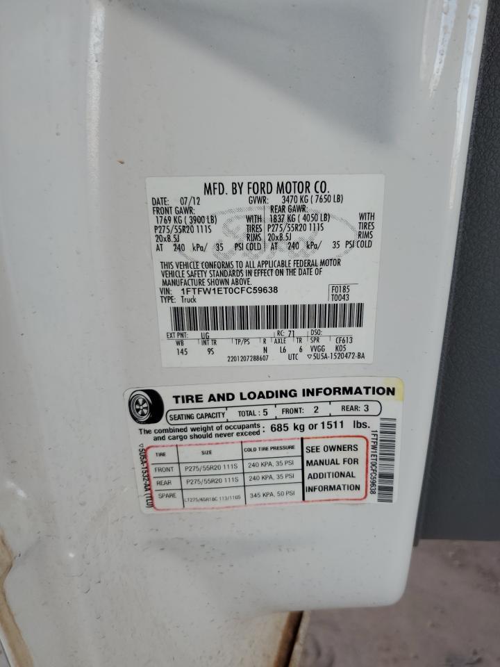 2012 Ford F150 Supercrew VIN: 1FTFW1ET0CFC59638 Lot: 69653915