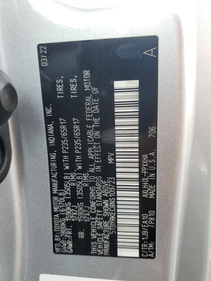 2022 Toyota Sienna Xle VIN: 5TDYRKEC8NS109723 Lot: 64559035