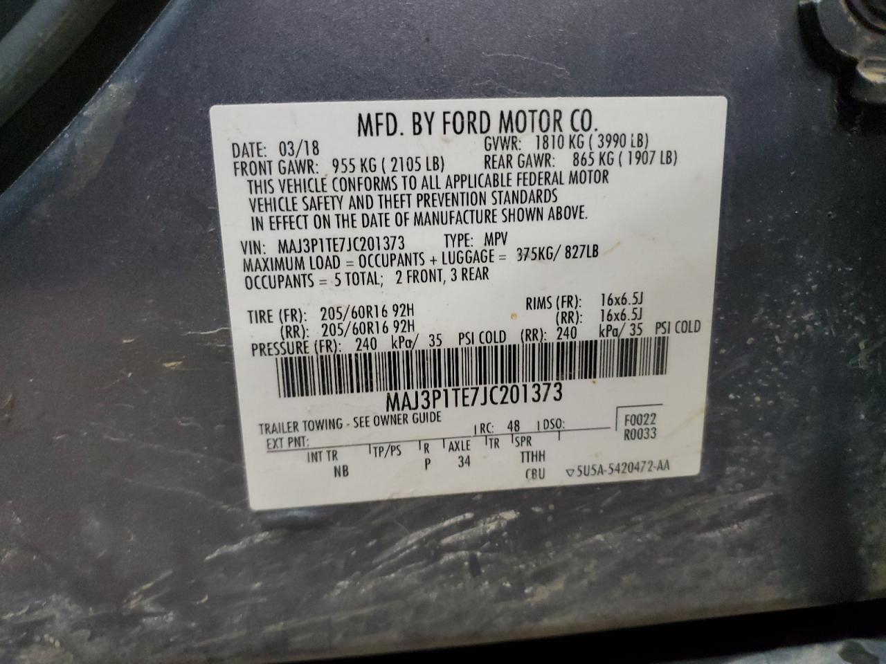 2018 Ford Ecosport Se VIN: MAJ3P1TE7JC201373 Lot: 66661425