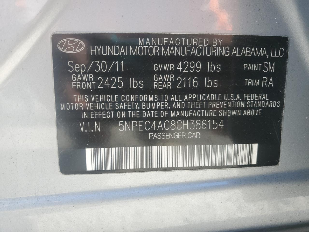 2012 Hyundai Sonata Se VIN: 5NPEC4AC8CH386154 Lot: 69414245