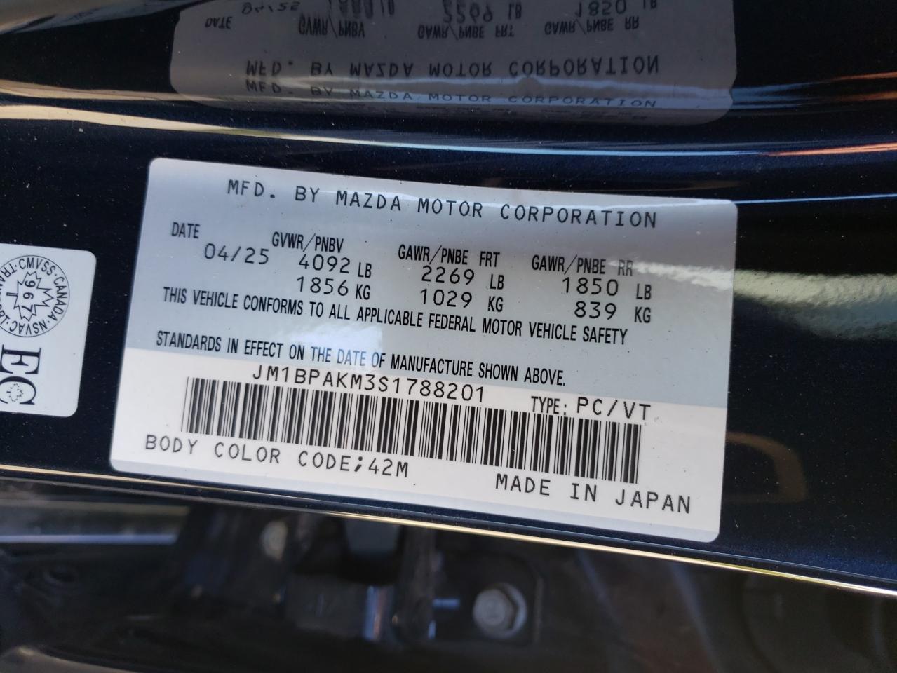 2025 Mazda 3 Select Sport VIN: JM1BPAKM3S1788201 Lot: 69814925