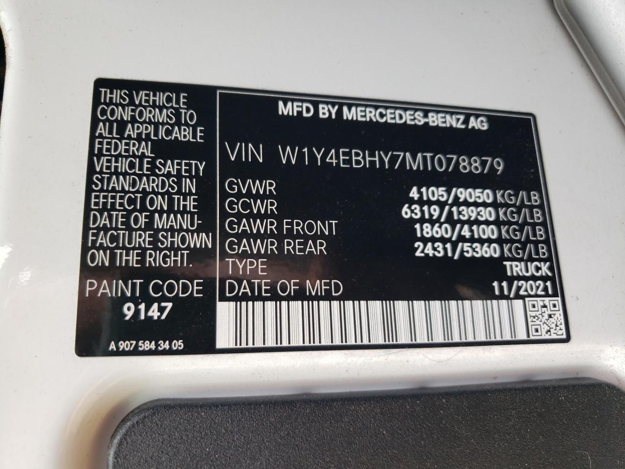 2021 Mercedes-Benz Sprinter 2500 VIN: W1Y4EBHY7MT078879 Lot: 65353995