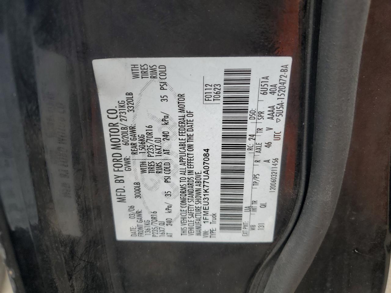 2007 Ford Explorer Sport Trac Xlt VIN: 1FMEU31K77UA07084 Lot: 71170385