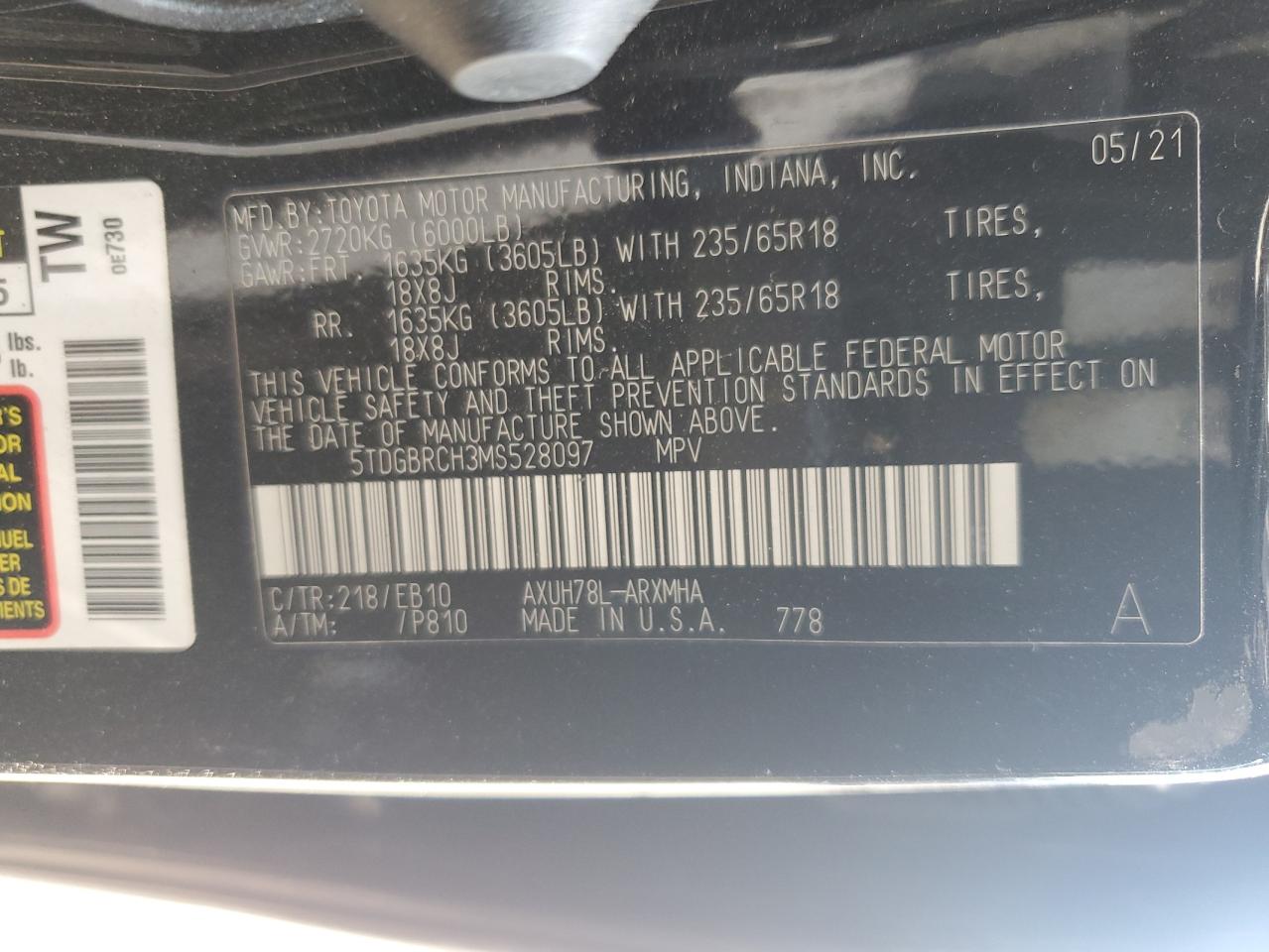 2021 Toyota Highlander Hybrid Xle VIN: 5TDGBRCH3MS528097 Lot: 68182615