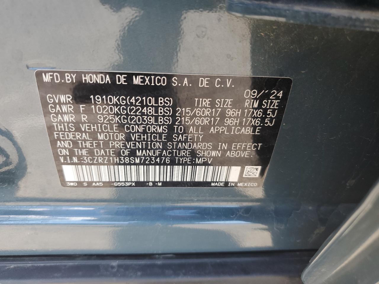 2025 Honda Hr-V Lx VIN: 3CZRZ1H38SM723476 Lot: 69657375