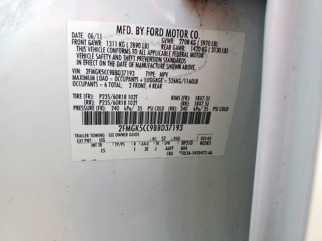 2011 Ford Flex Sel VIN: 2FMGK5CC9BBD37193 Lot: 68873405