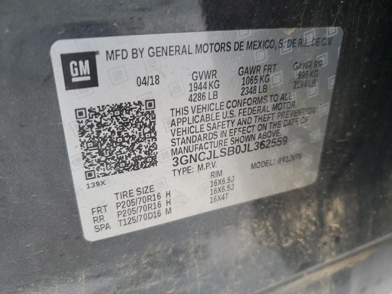 2018 Chevrolet Trax 1Lt VIN: 3GNCJLSB0JL362559 Lot: 69436365