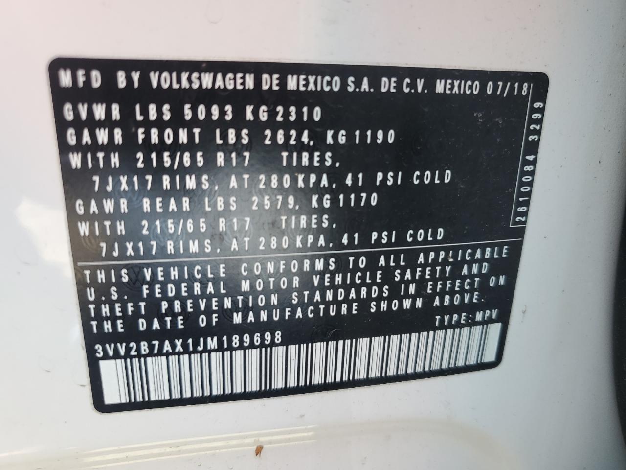 2018 Volkswagen Tiguan Se VIN: 3VV2B7AX1JM189698 Lot: 68313325