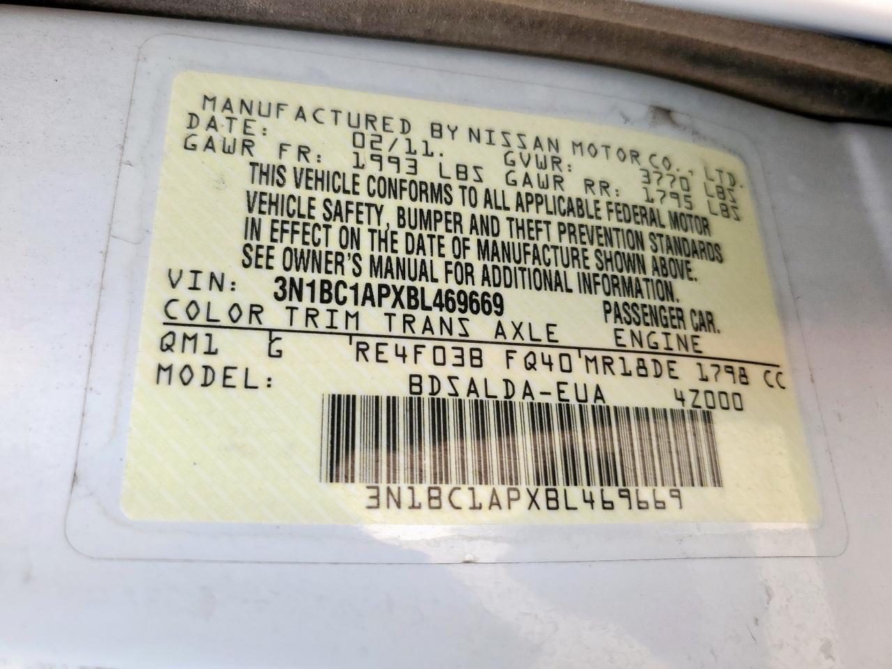 2011 Nissan Versa S VIN: 3N1BC1APXBL469669 Lot: 69147255