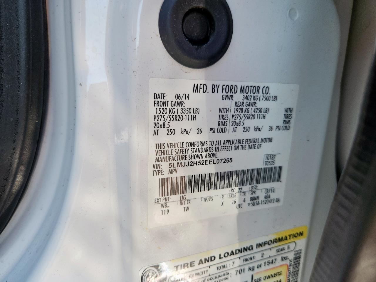 2014 Lincoln Navigator VIN: 5LMJJ2H52EEL07265 Lot: 69959925