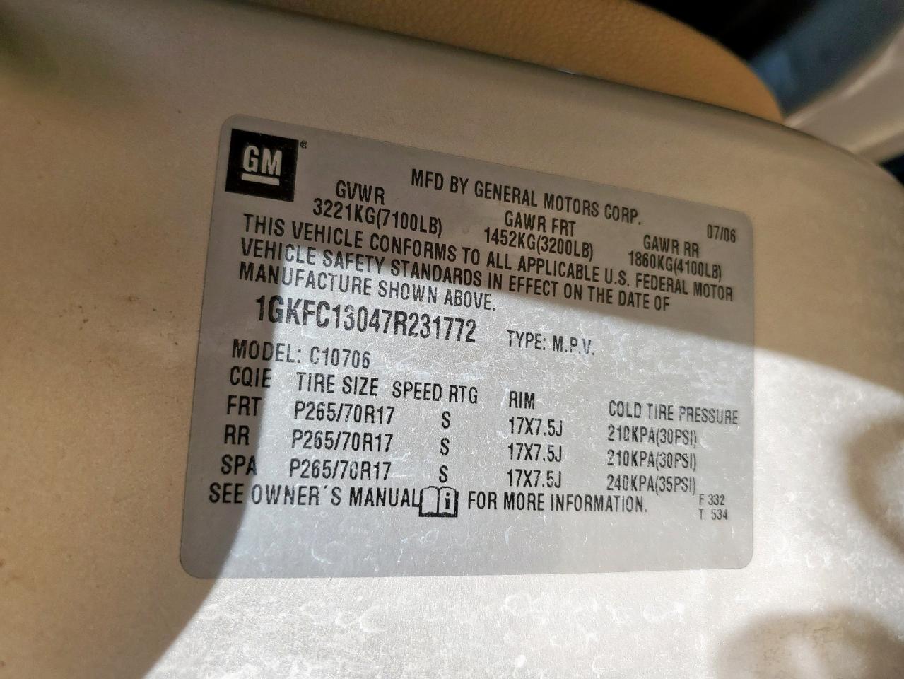 2007 GMC Yukon VIN: 1GKFC13047R231772 Lot: 68734435