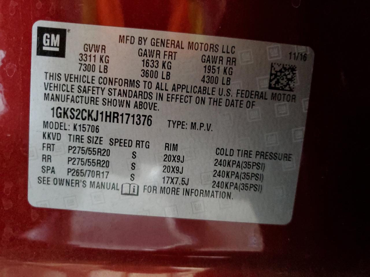 2017 GMC Yukon Denali VIN: 1GKS2CKJ1HR171376 Lot: 70167795