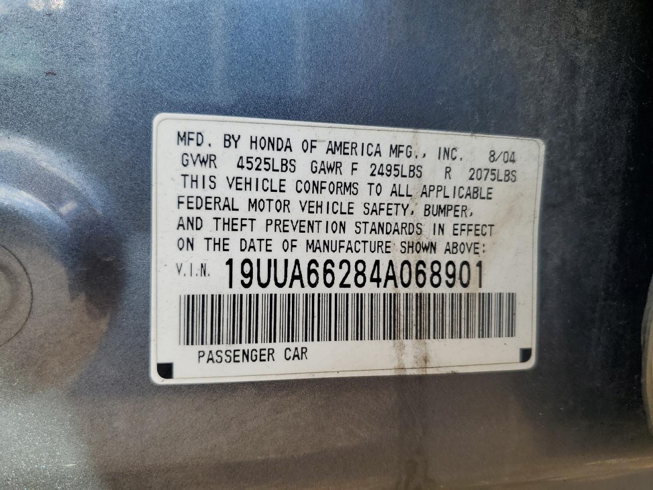 2004 Acura Tl VIN: 19UUA66284A068901 Lot: 69856445