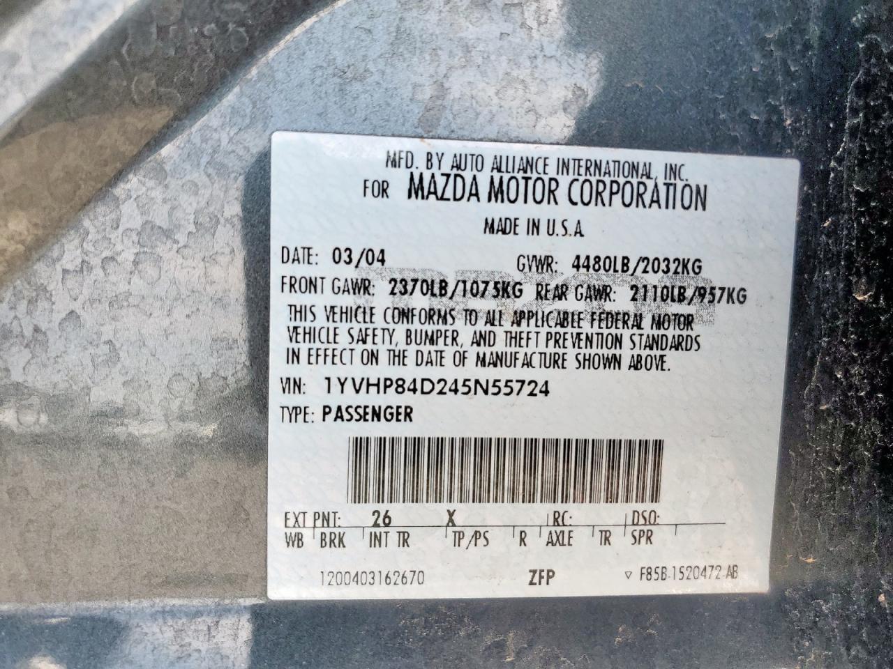 2004 Mazda 6 S VIN: 1YVHP84D245N55724 Lot: 70296175