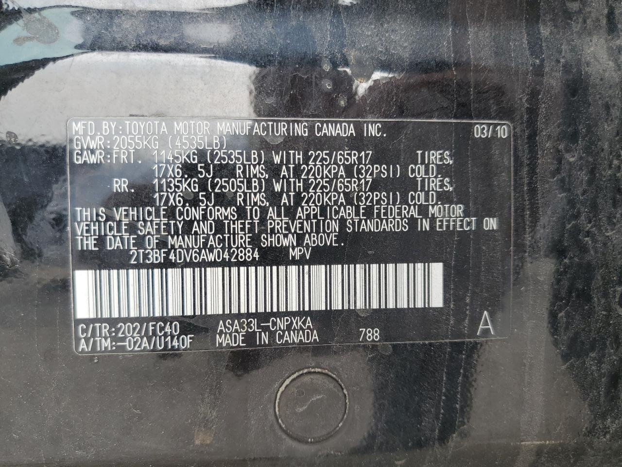 2010 Toyota Rav4 VIN: 2T3BF4DV6AW042884 Lot: 67257085