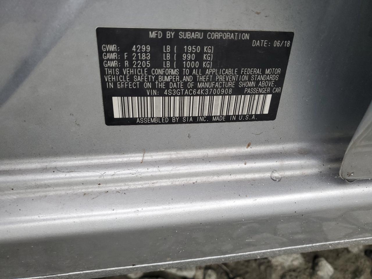 2019 Subaru Impreza Premium VIN: 4S3GTAC64K3700908 Lot: 66893245