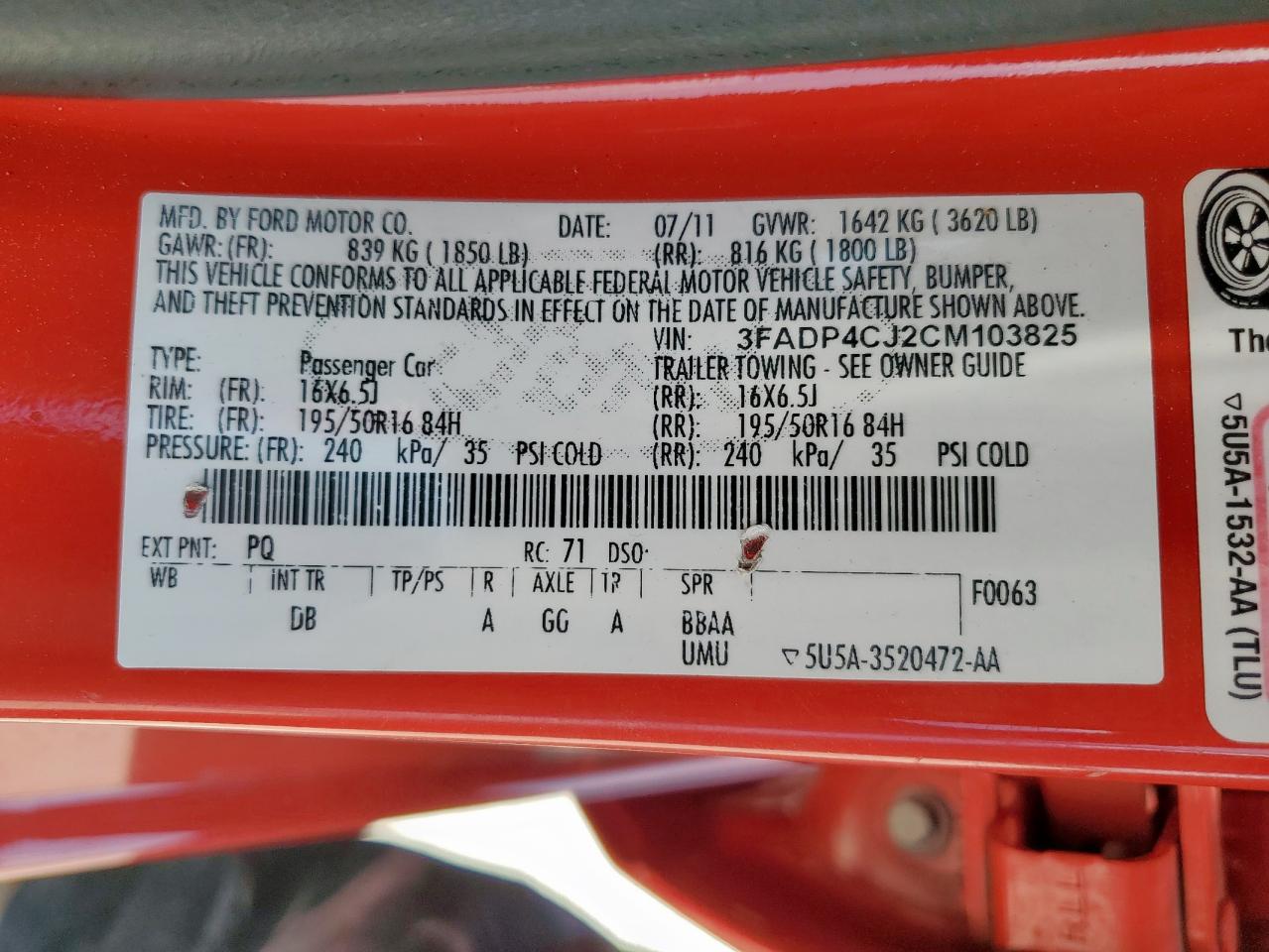 3FADP4CJ2CM103825 2012 Ford Fiesta Sel