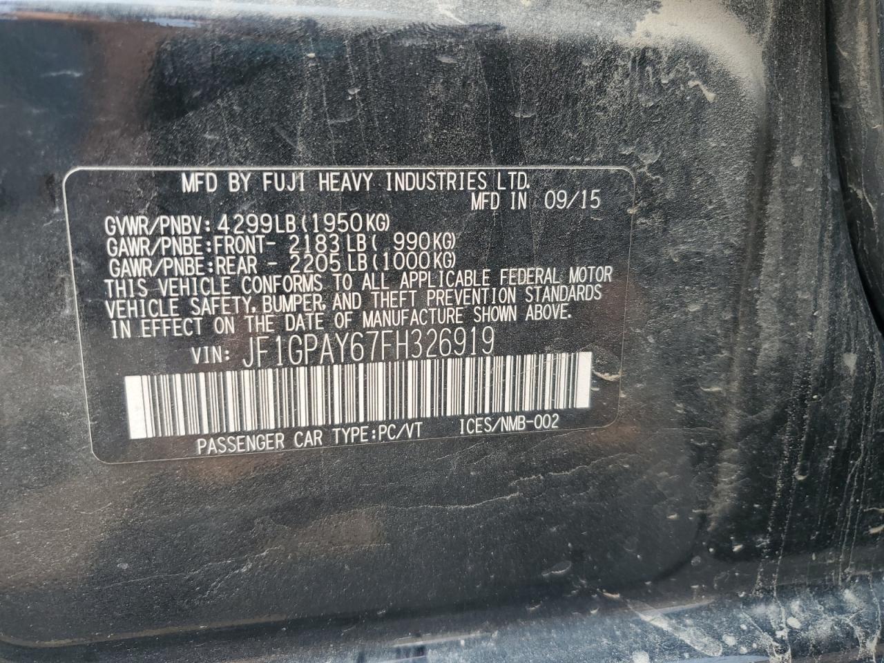 2015 Subaru Impreza Sport VIN: JF1GPAY67FH326919 Lot: 67341425