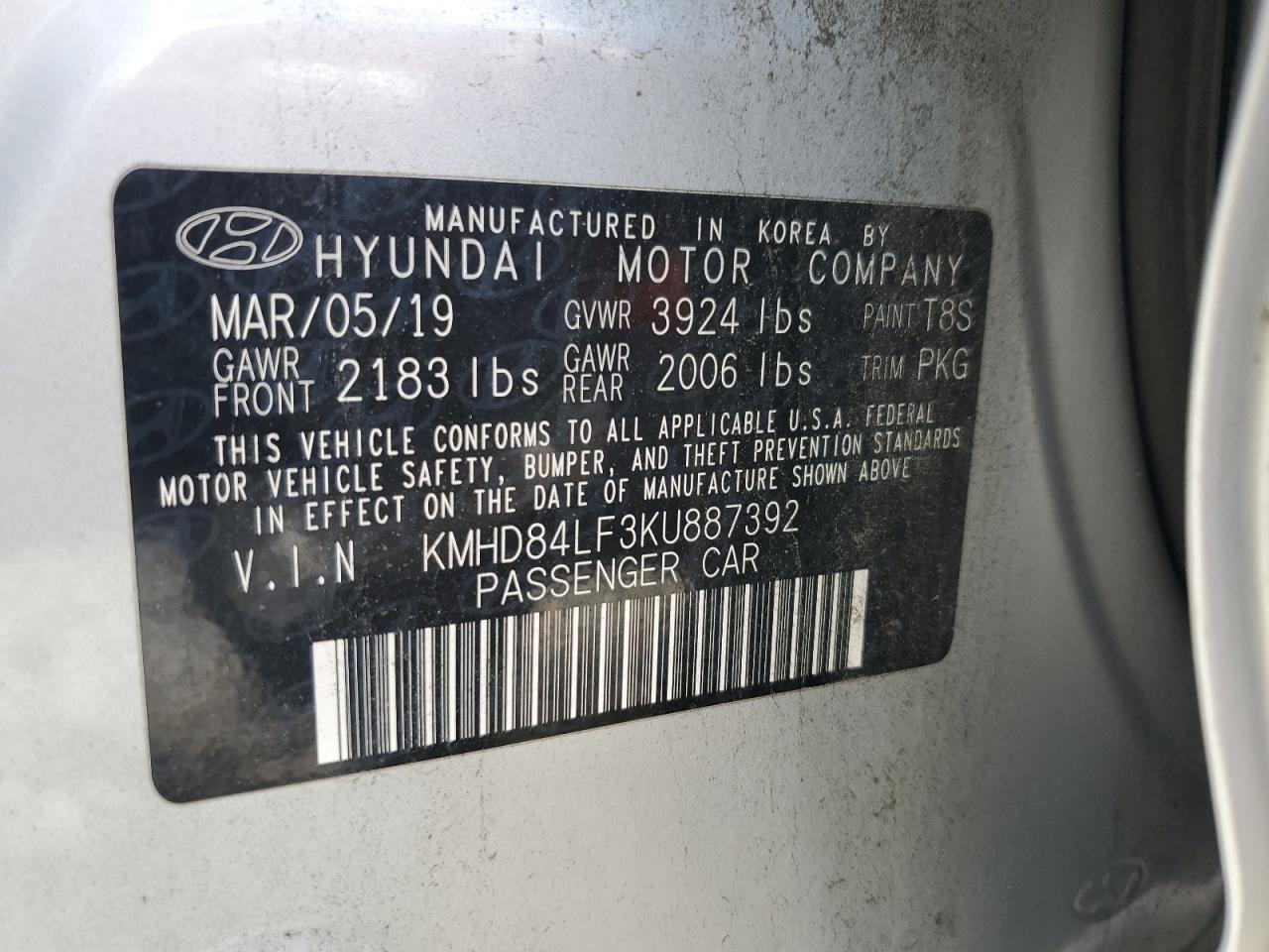 2019 Hyundai Elantra Sel VIN: KMHD84LF3KU887392 Lot: 70764865