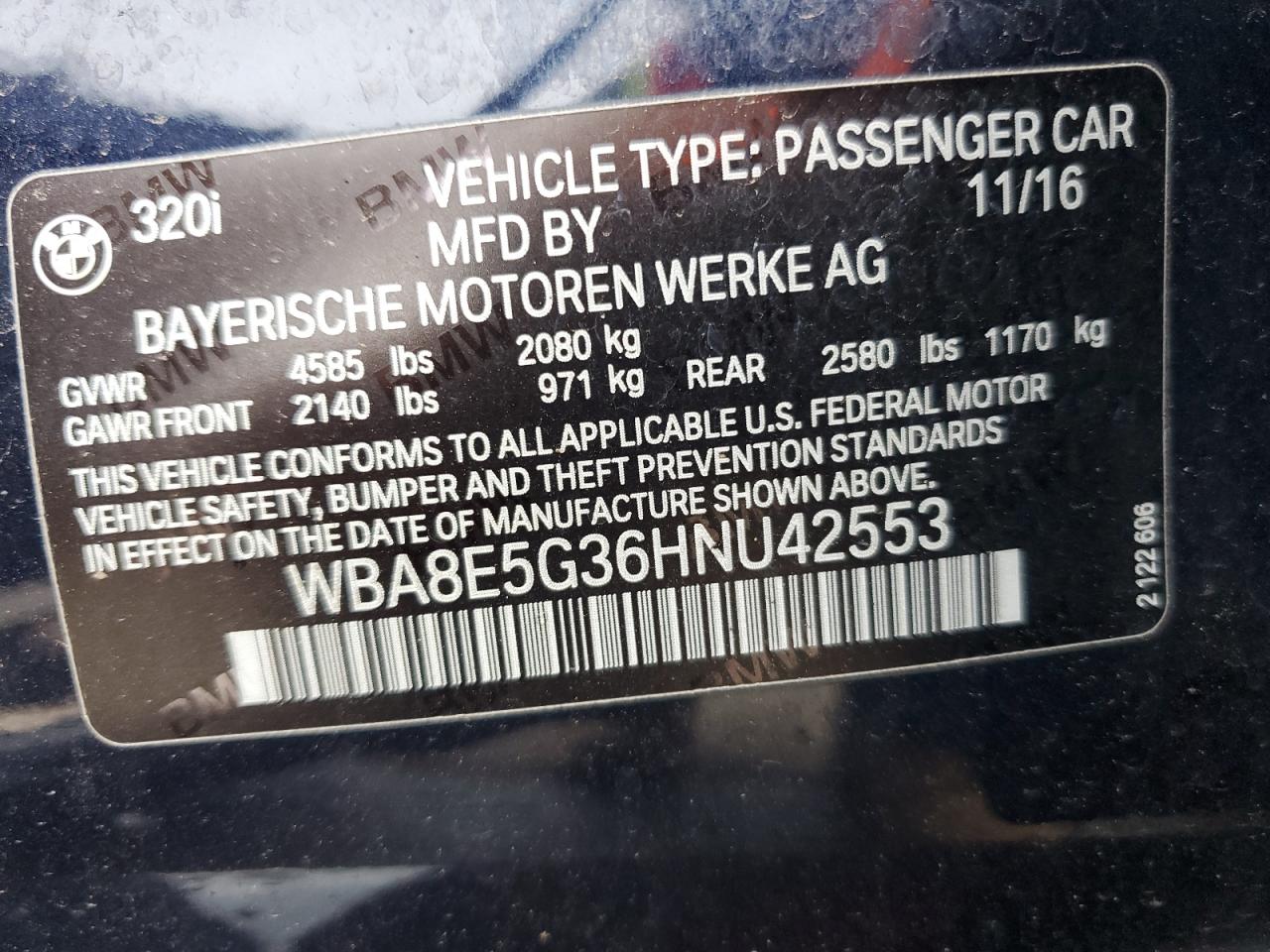 2017 BMW 320 Xi VIN: WBA8E5G36HNU42553 Lot: 69814595