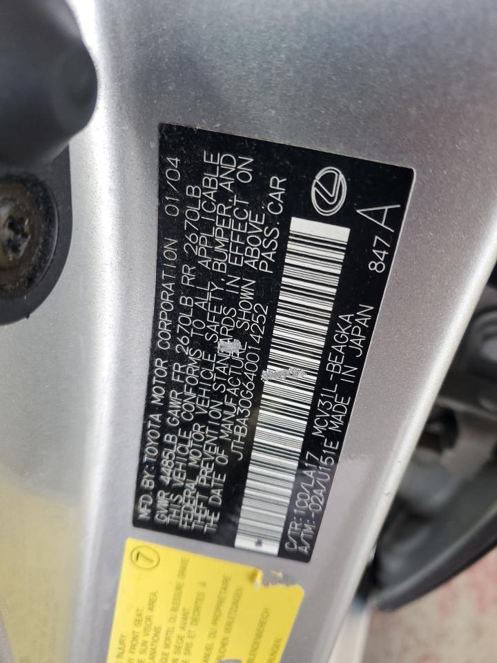 2004 Lexus Es 330 VIN: JTHBA30G640014252 Lot: 67091725
