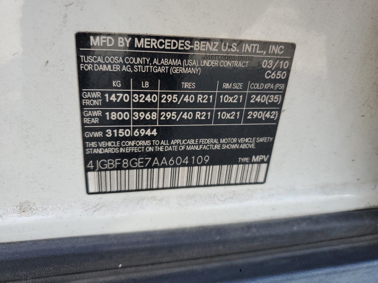 2010 Mercedes-Benz Gl 550 4Matic VIN: 4JGBF8GE7AA604109 Lot: 68158955