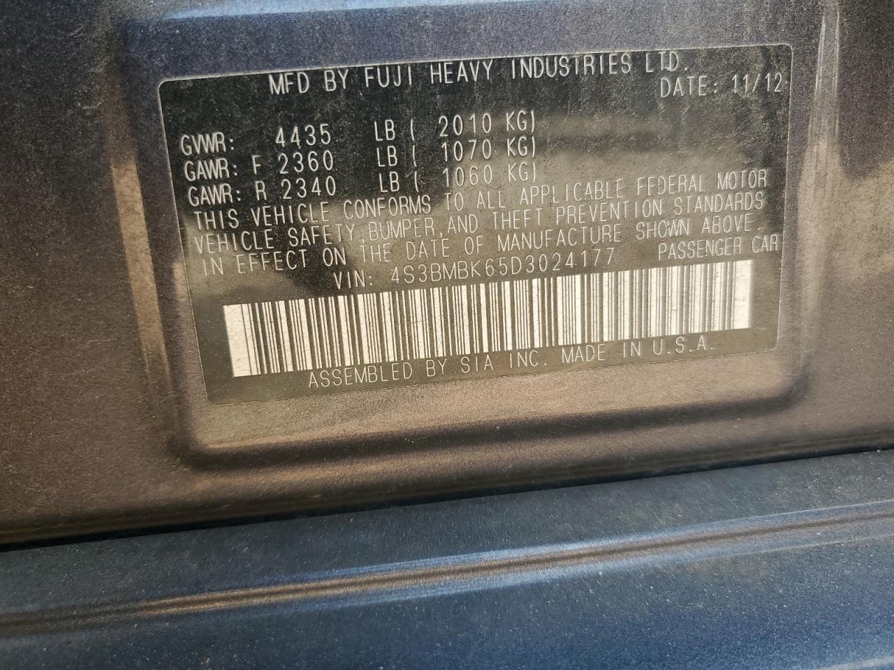 2013 Subaru Legacy 2.5I Limited VIN: 4S3BMBK65D3024177 Lot: 66770315