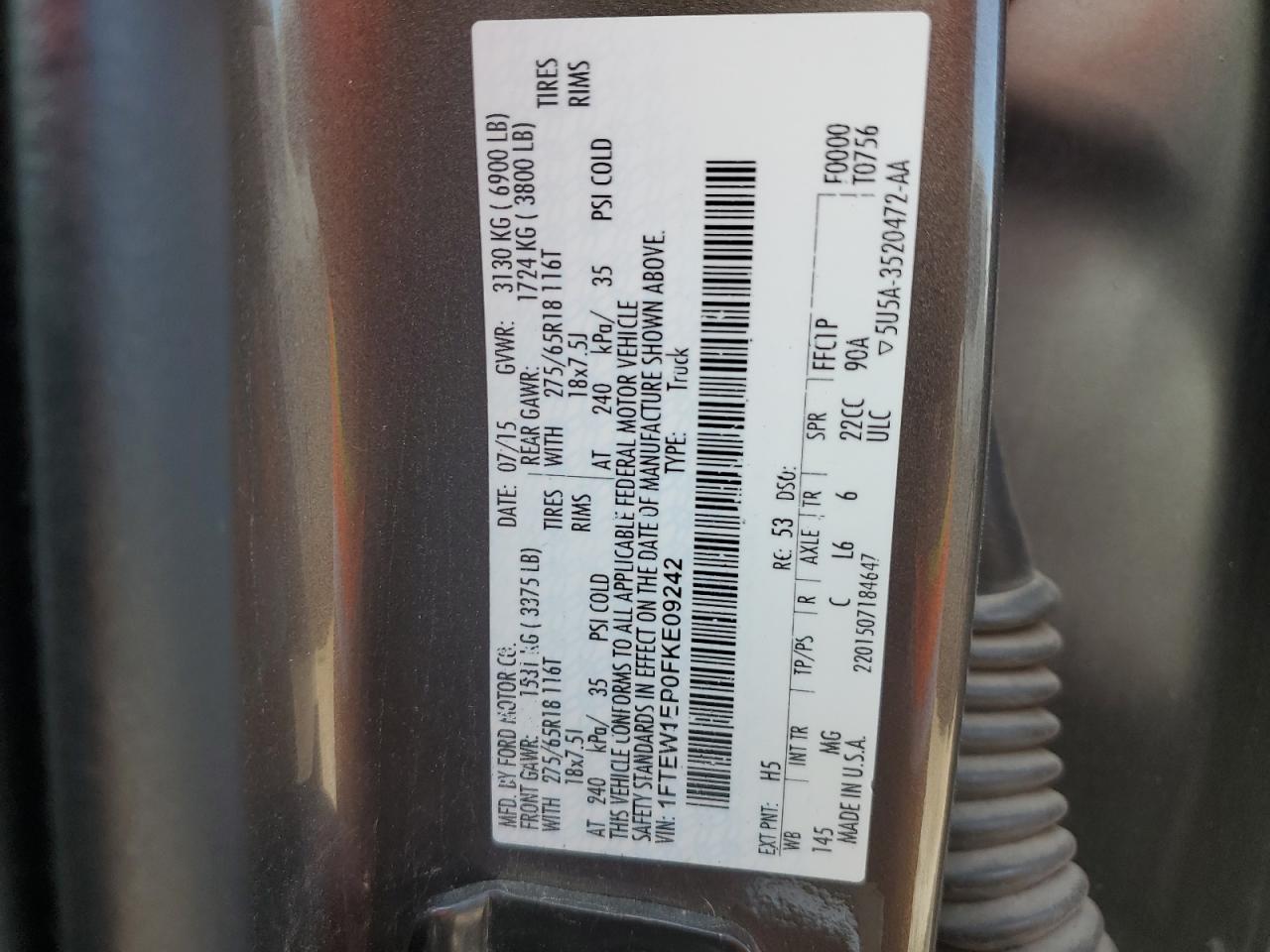 2015 Ford F150 Supercrew VIN: 1FTEW1EP0FKE09242 Lot: 70362165