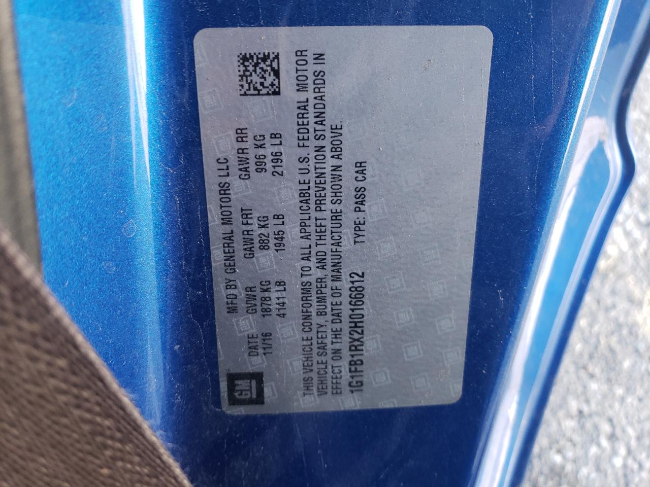 2017 Chevrolet Camaro Lt VIN: 1G1FB1RX2H0166812 Lot: 68653715