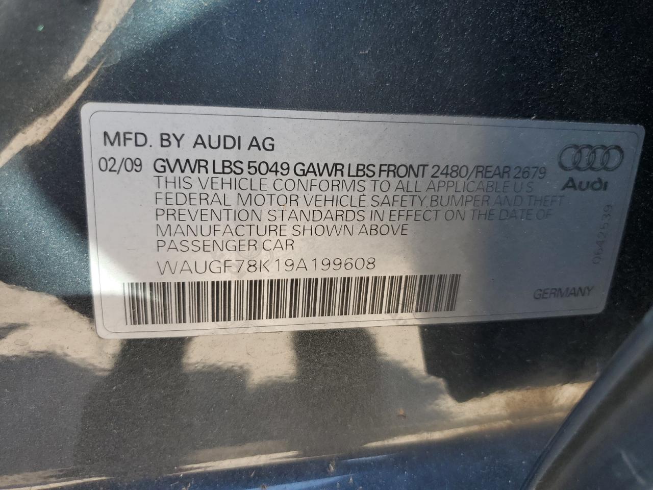 2009 Audi A4 Premium Plus VIN: WAUGF78K19A199608 Lot: 68326215