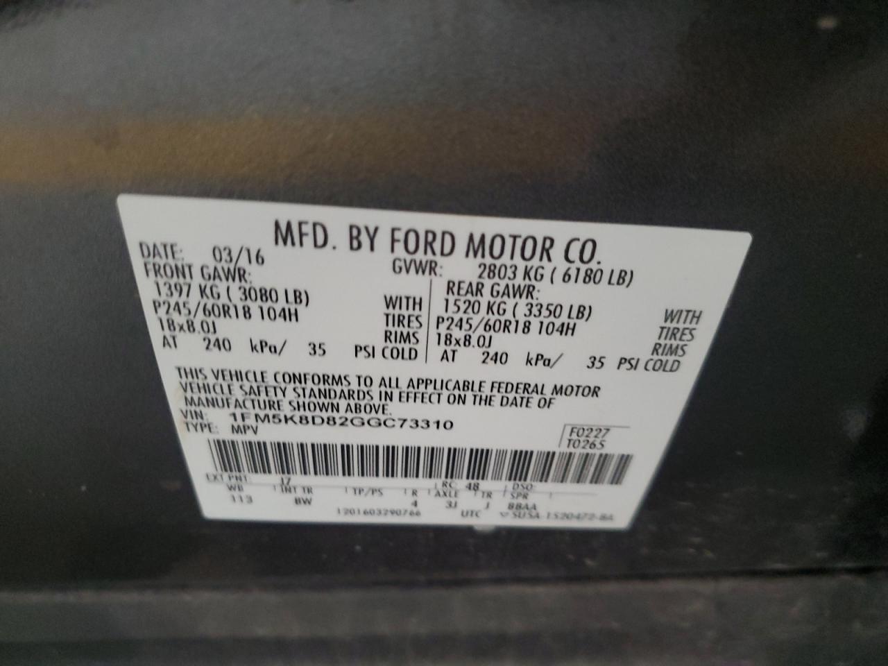 2016 Ford Explorer Xlt VIN: 1FM5K8D82GGC73310 Lot: 68183875