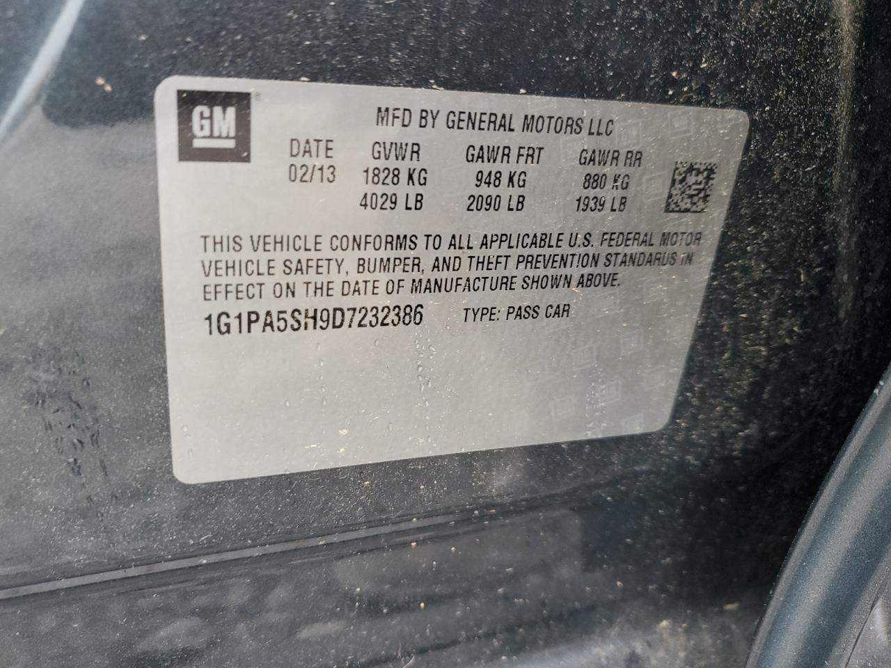2013 Chevrolet Cruze Ls VIN: 1G1PA5SH9D7232386 Lot: 70920095