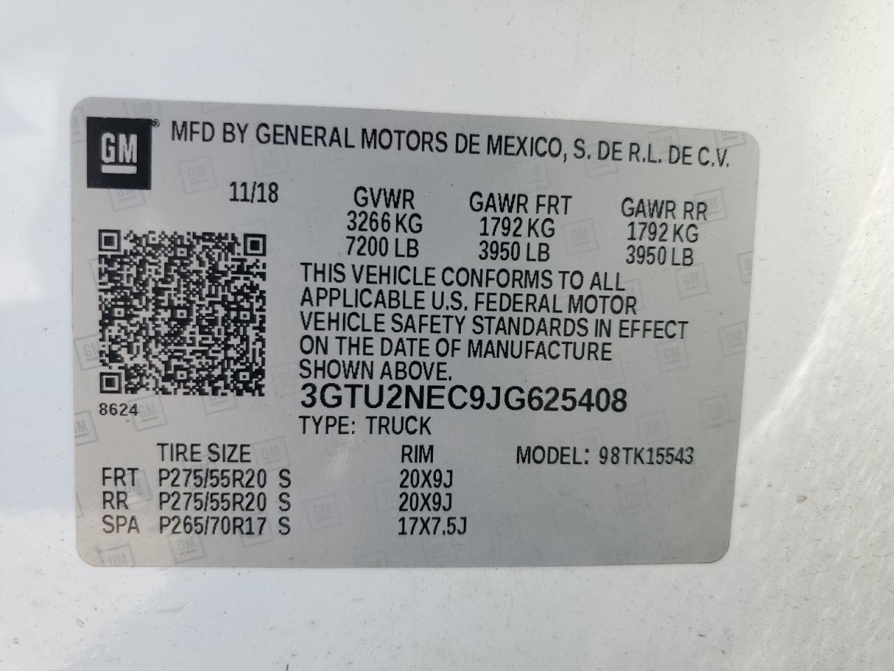 3GTU2NEC9JG625408 2018 GMC Sierra K1500 Slt